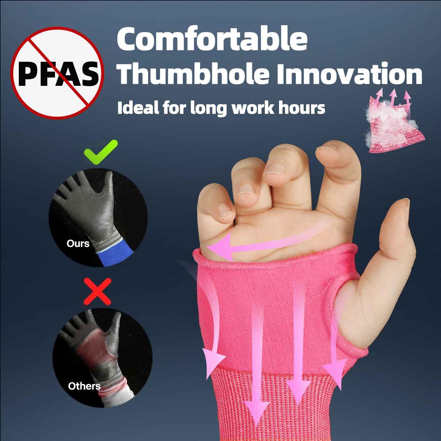 Hand wearing pink Schwergloves thumbhole glove highlighting comfort and breathability, no PFAS, ideal for long work hours