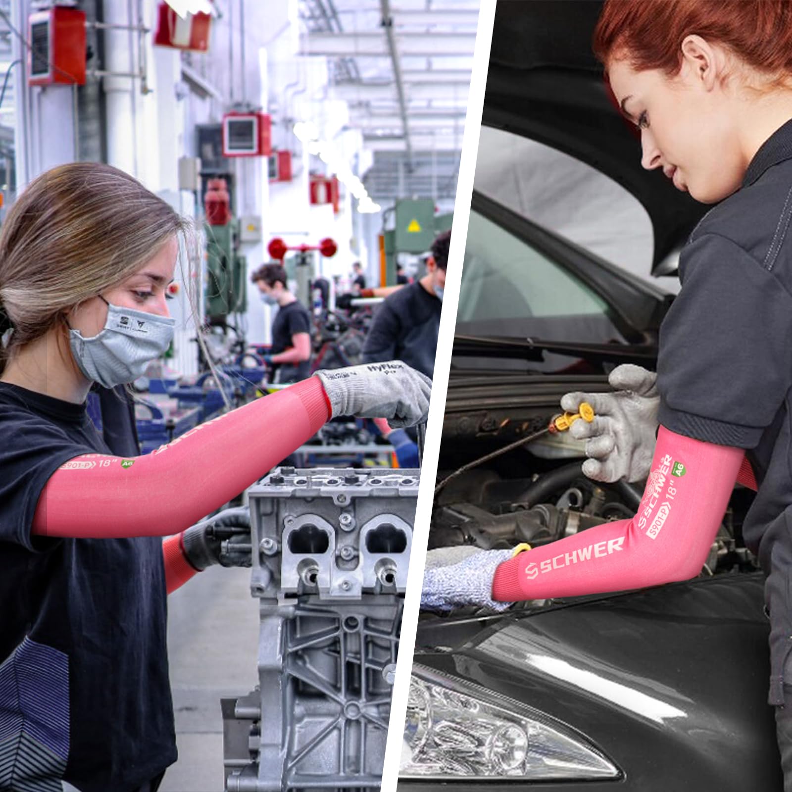 Workers wearing Schwer pink protective arm sleeves and gloves working on engine assembly and car maintenance
