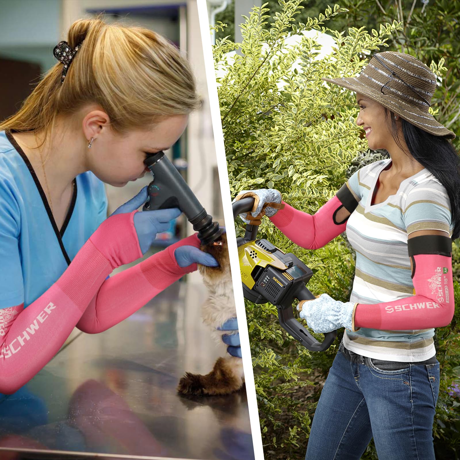 Two women wearing pink and blue cut resistant protective gloves and arm sleeves by Schwer; one examining a pet, another using a garden tool outdoors