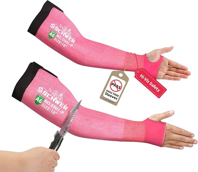 Pink Schwergloves cut resistant protective arm sleeves, 18 inch, PFAS-free, shown with knife testing and Hi-Vis safety tag