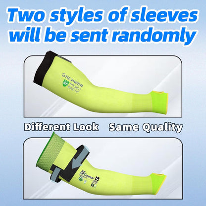 Two styles of yellow protective arm sleeves with Schwar logo shown against blue background, different looks, same quality