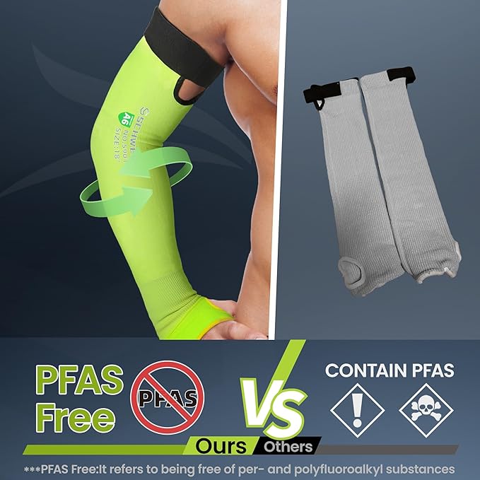 PFAS free green protective arm sleeve worn on arm versus gray sleeve containing PFAS with hazard symbols