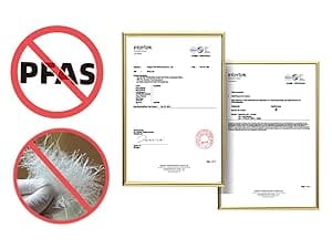 Certificates with a PFAS prohibition symbol and a close-up of PFAS contamination.