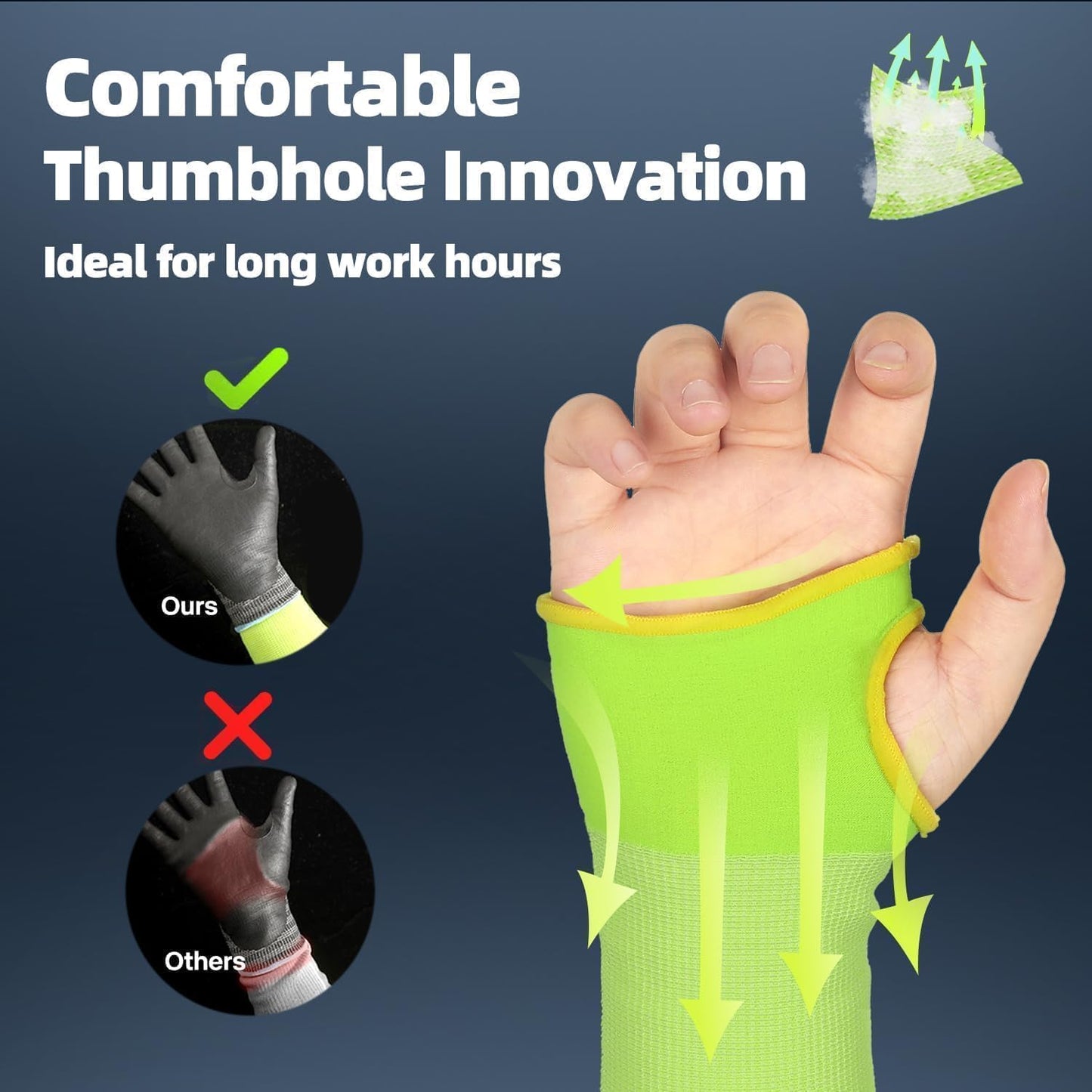 Green Schwergloves protective work sleeve with thumbhole on hand, highlighting comfort and ventilation features