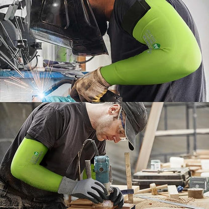 Worker wearing green cut resistant arm sleeve welding and woodworking with protective gloves and gear