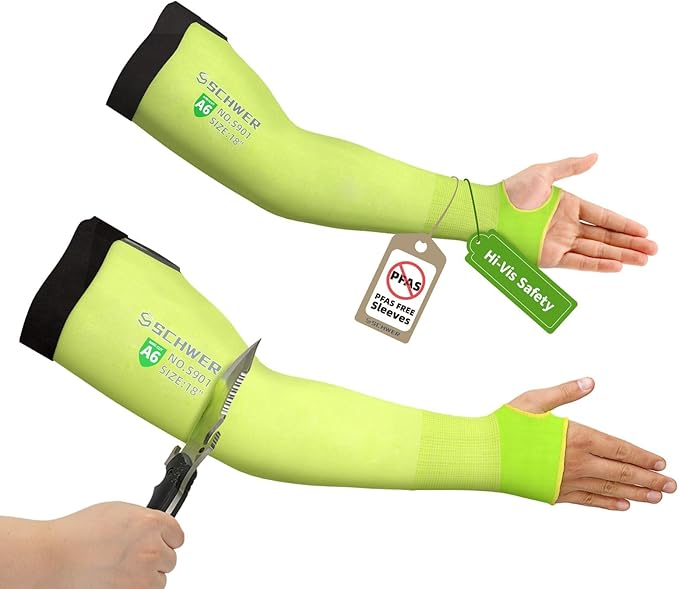 High-visibility yellow Schwer protective cut resistant arm sleeves with black cuffs, one tested with a knife and tags showing PFAS free and Hi-Vis safety