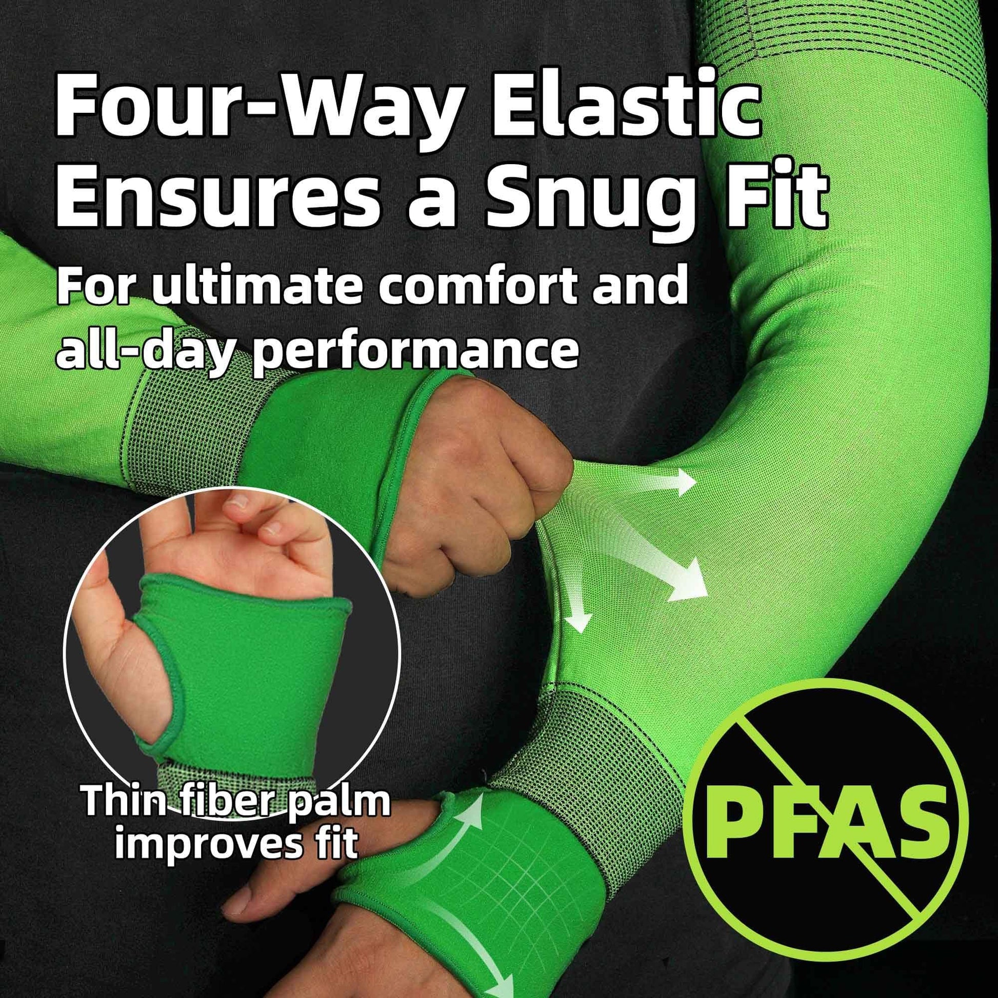 Green cut resistant arm sleeves with four-way elastic, thin fiber palm, and PFAS-free design