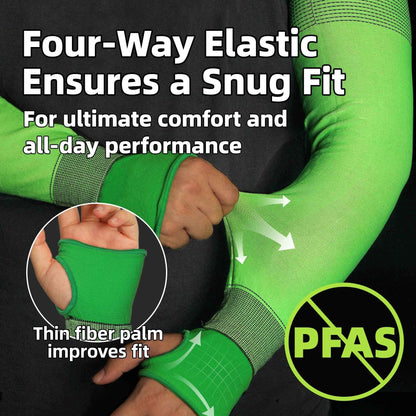 Green cut resistant arm sleeves with four-way elastic, thin fiber palm, and PFAS-free design
