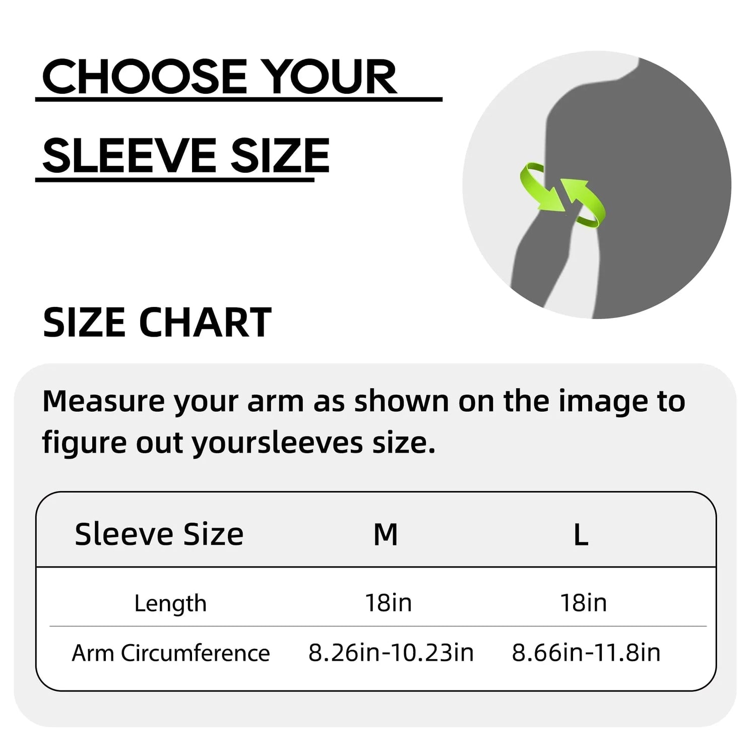 Size chart for sleeve measurement with arm illustration and measurements.