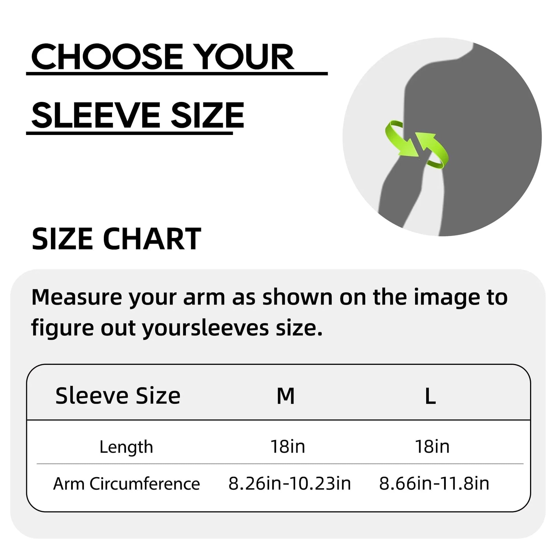 Size chart for sleeve measurement with arm illustration and measurements.