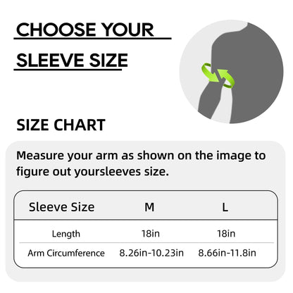 Size chart for sleeve measurement with arm illustration and measurements.