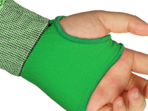 Green wrist support brace on a person's wrist