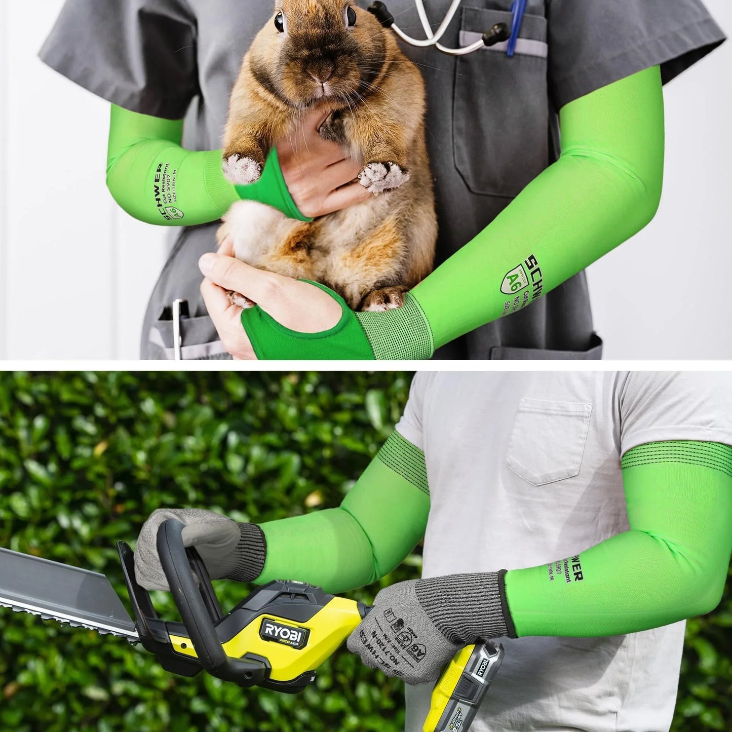 Schwer green protective arm sleeves used for animal handling and chainsaw safety