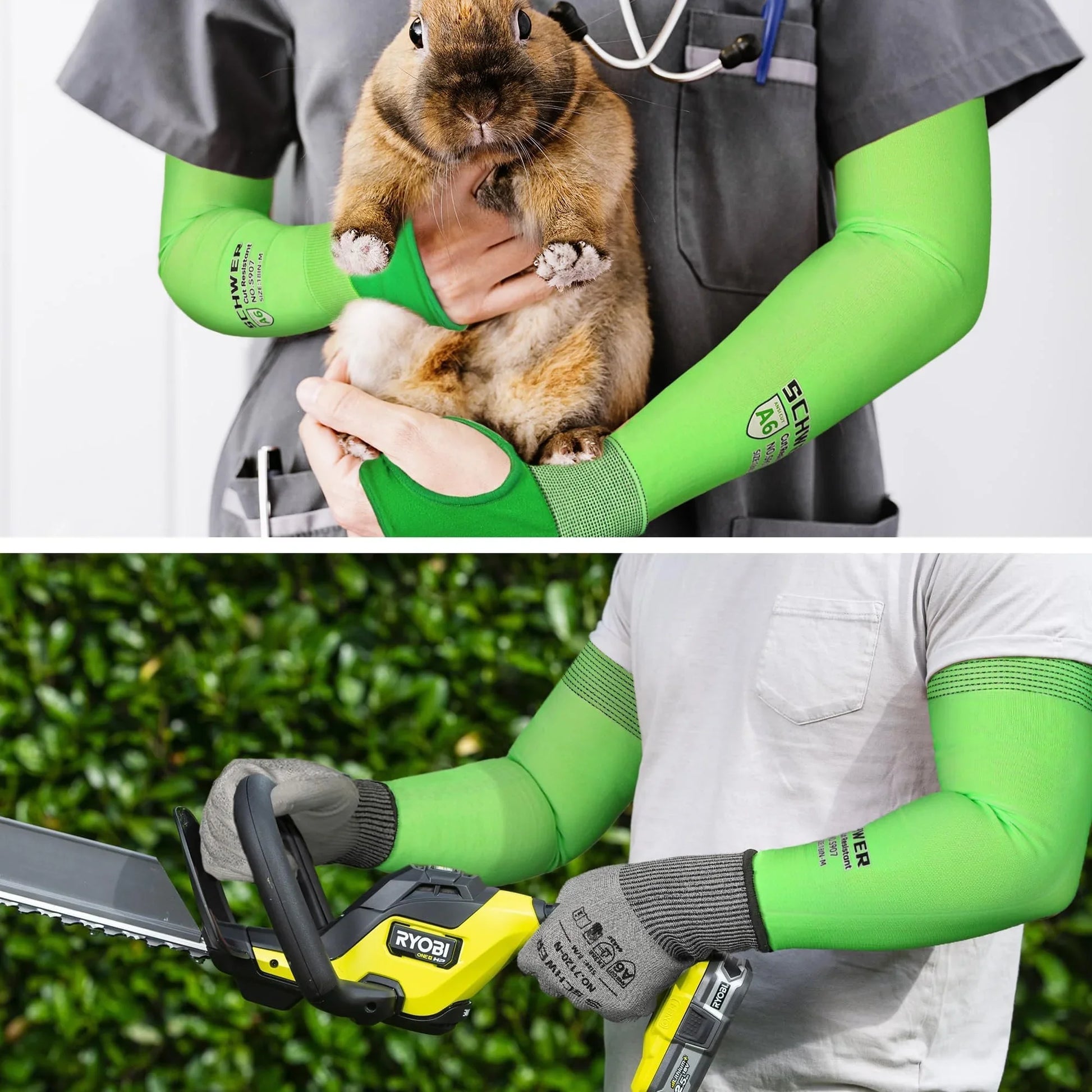Schwer green protective arm sleeves used for animal handling and chainsaw safety