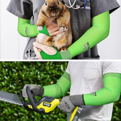 Schwer green protective arm sleeves used for animal handling and chainsaw safety