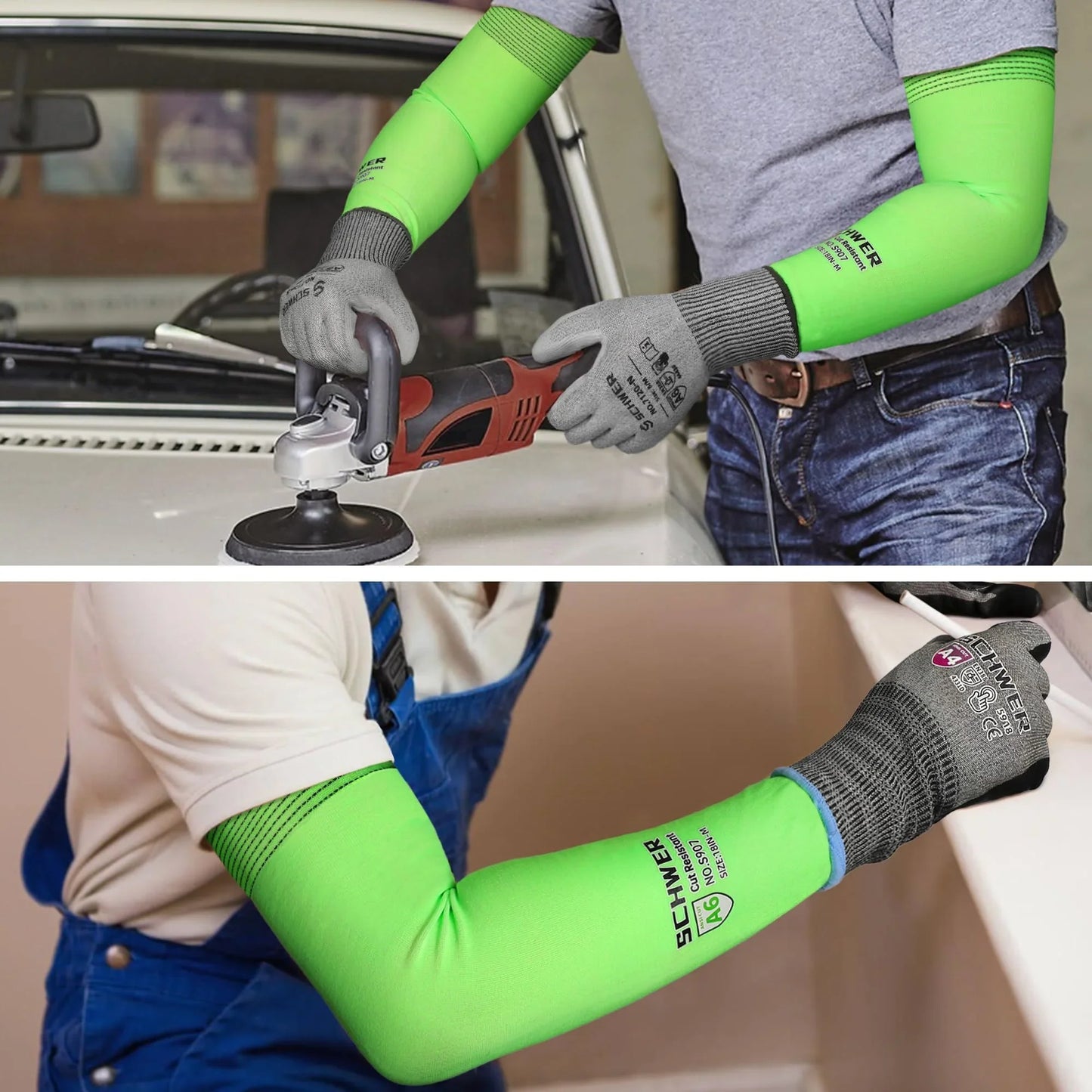 Workers wearing Schwergloves cut resistant safety gloves and green protective arm sleeves
