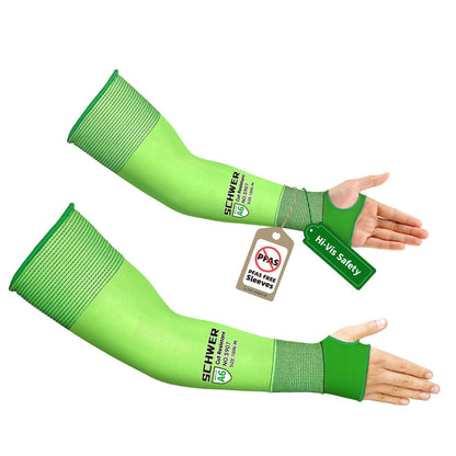 High-visibility green cut resistant arm sleeves by Schwer, PFAS free, for safety and PPE.