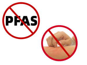 Image with 'No PFAS' sign and a hand with red circle and line over it, indicating skin irritation.