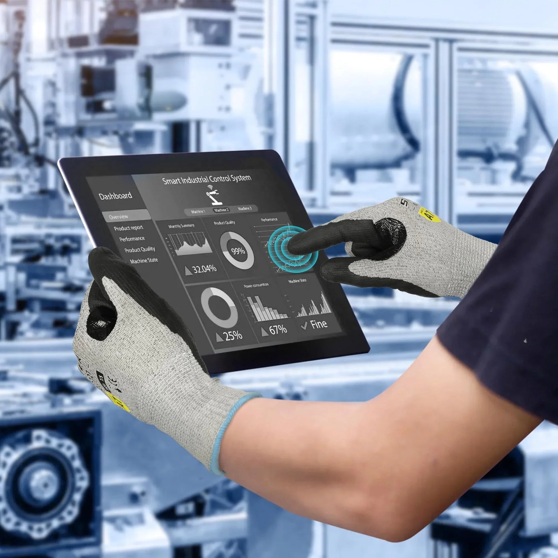 Worker wearing safety gloves operating smart industrial control system on tablet in factory