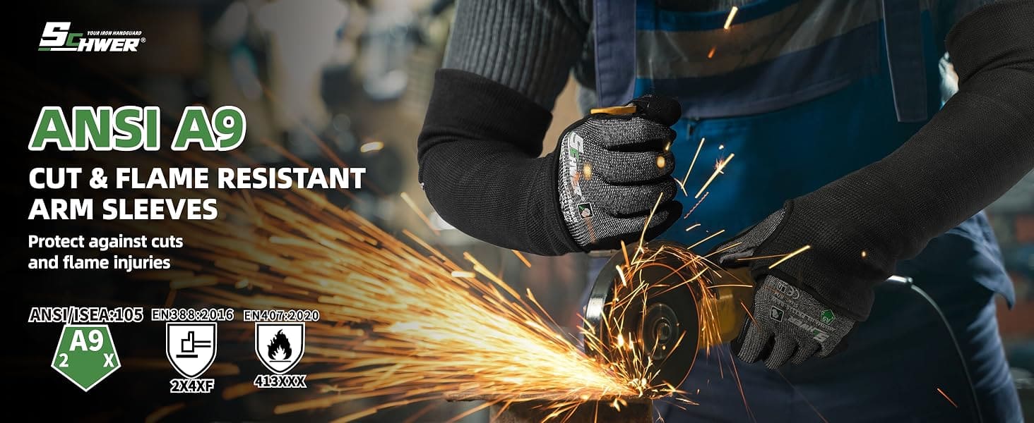 Person wearing ANSI A9 cut and flame resistant arm sleeves while using a tool with sparks.