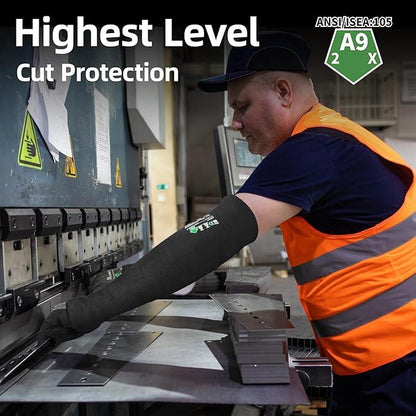 Worker in safety vest wearing Schwergloves cut resistant protective arm sleeve using industrial machine