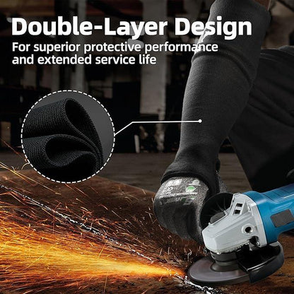 Worker uses grinder wearing black cut resistant arm sleeve and glove with double-layer design, sparks flying