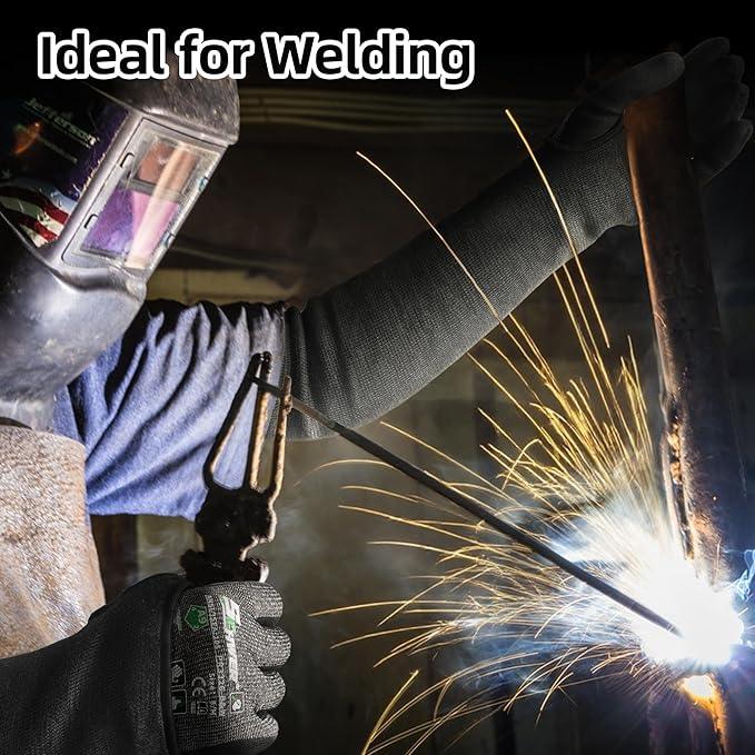 Welding worker wearing cut resistant safety gloves and arm sleeves, sparks flying.