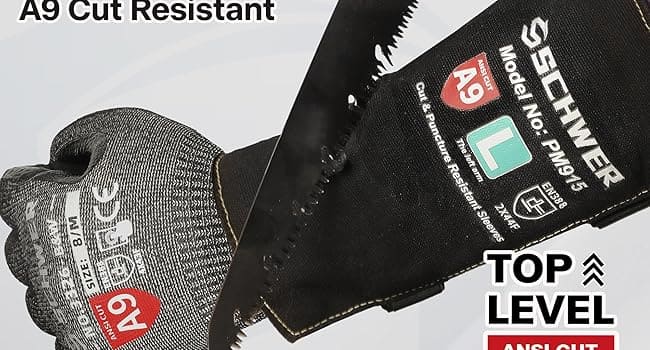 Hand wearing a cut-resistant glove with a knife cutting through it, branded 'Schweiß'.