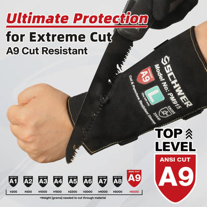Schwer cut resistant arm sleeve tested against saw, PPE for high-level protection, ANSI cut A9