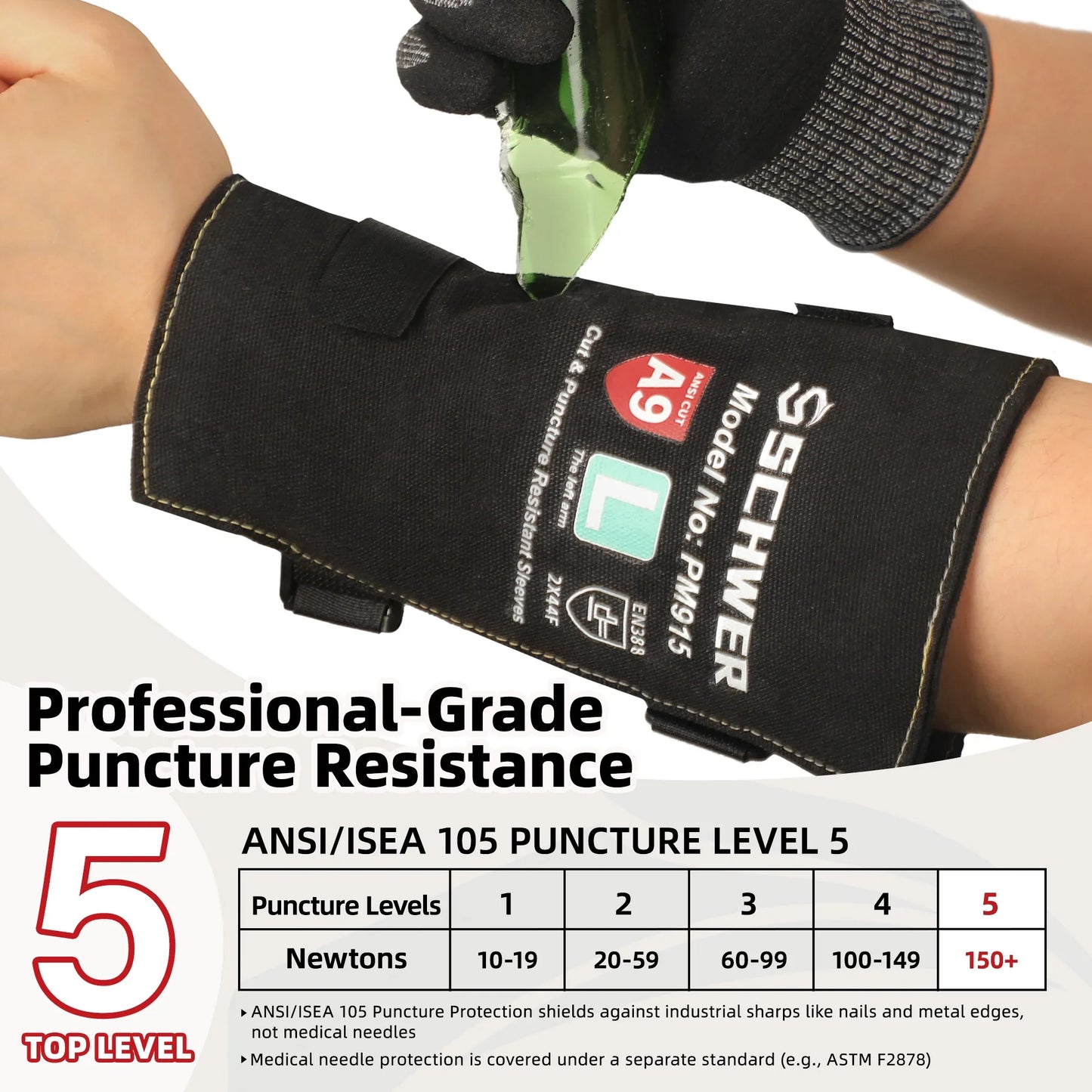 Schwer cut and puncture resistant arm sleeve protecting against sharp glass, PPE safety equipment
