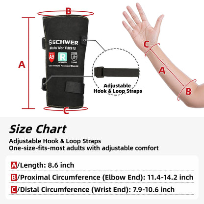 Schwer PM915 cut-resistant glove with size chart and measurement details.
