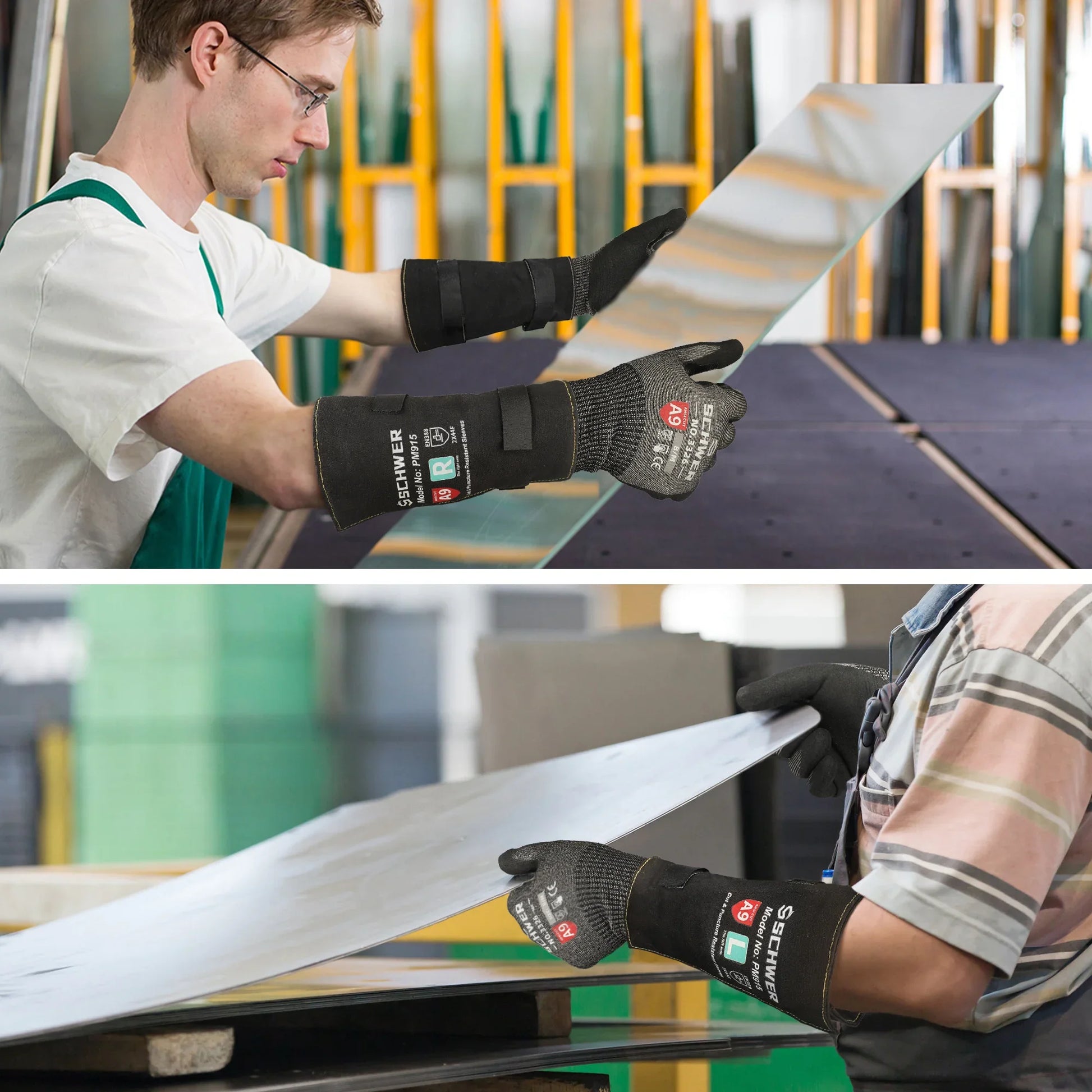 Workers handling glass sheets with Schwer cut resistant protective gloves in an industrial setting