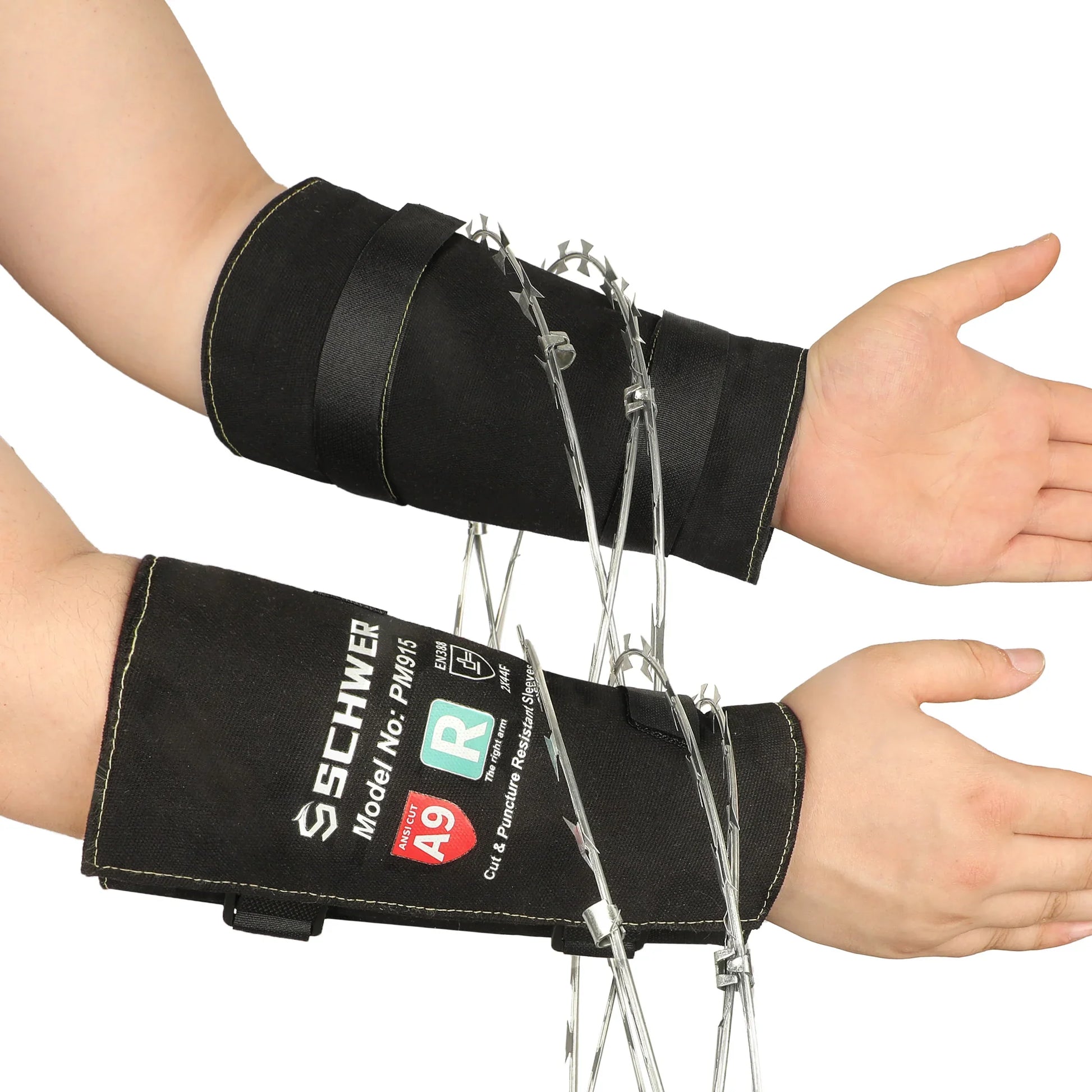 Schwer cut and puncture resistant arm sleeves protect arms from barbed wire contact.
