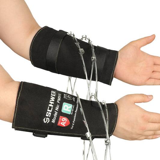 Schwer cut and puncture resistant arm sleeves protect arms from barbed wire contact.