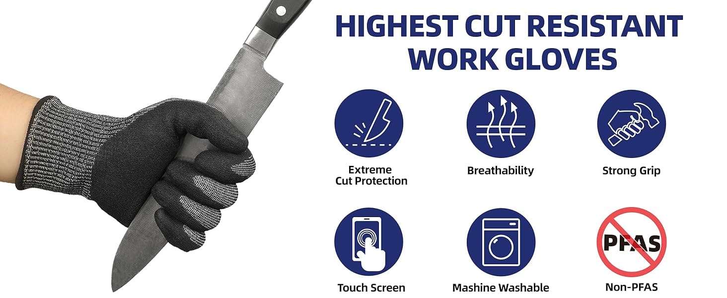 Hand wearing a cut-resistant work glove with knife, featuring icons and text highlighting glove features.