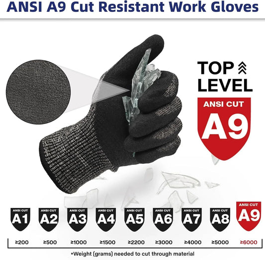 Black ANSI A9 cut resistant work glove holding sharp broken glass pieces on white background