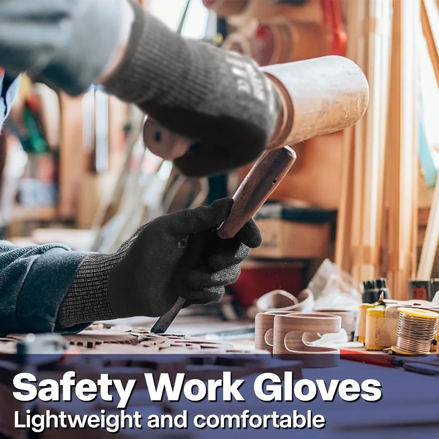 Gloved hands using chisel and mallet for woodworking, highlighting safety work gloves