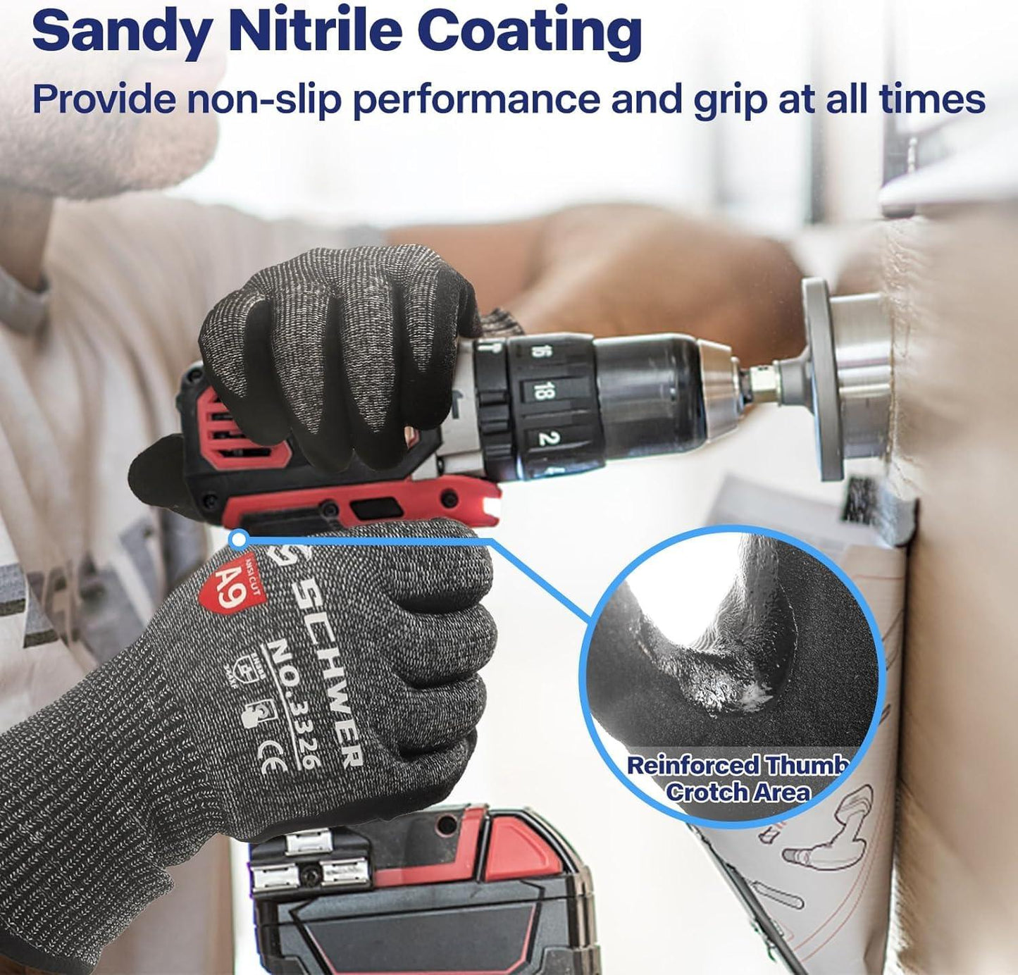 Person wearing black cut-resistant gloves with sandy nitrile coating using a power drill on drywall