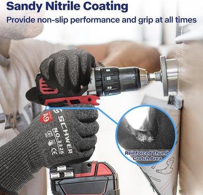 Person wearing black cut-resistant gloves with sandy nitrile coating using a power drill on drywall