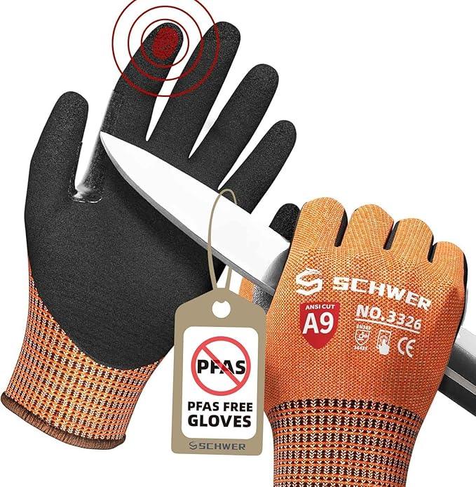 Pair of orange and black gloves with a knife and a tag indicating PFAS-free material on a white background.