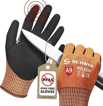 Pair of orange and black gloves with a knife and a tag indicating PFAS-free material on a white background.