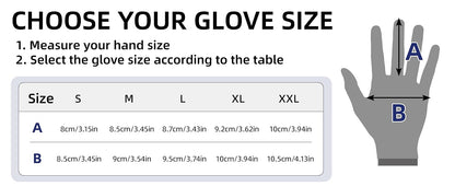 Glove size chart with hand measurement guide for selecting glove sizes.