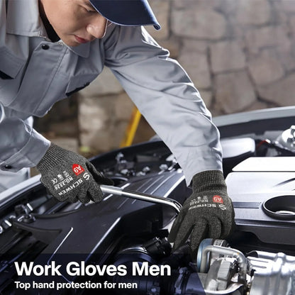 Man wearing gray work gloves fixing a car engine with a wrench in a workshop