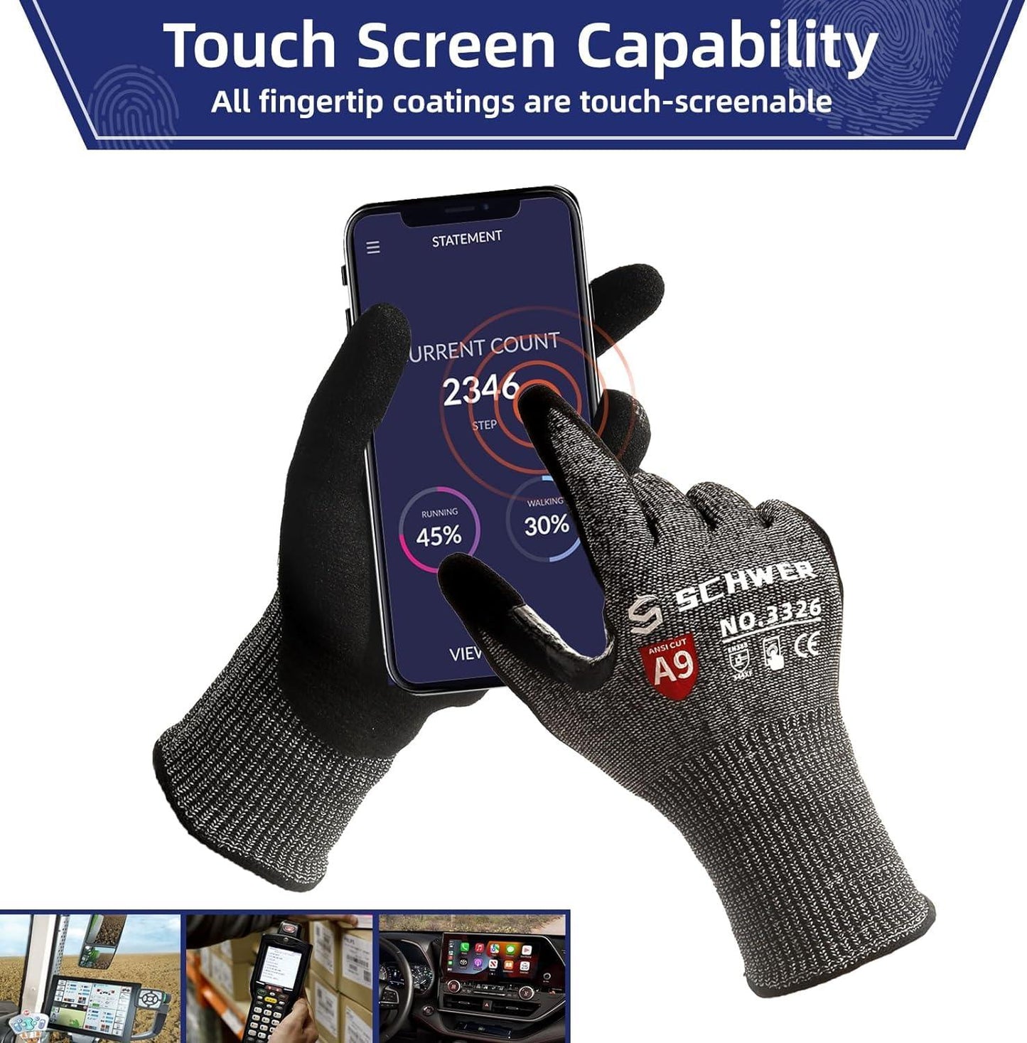 Cut-resistant touchscreen gloves with ANSI A9 rating using smartphone with step count app