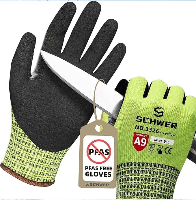 Two pairs of gloves, one black and one green, with a knife and a 'PFAS Free Gloves' tag.