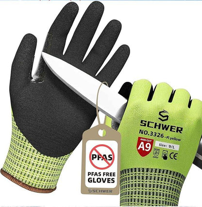 Two pairs of gloves, one black and one green, with a knife and a 'PFAS Free Gloves' tag.