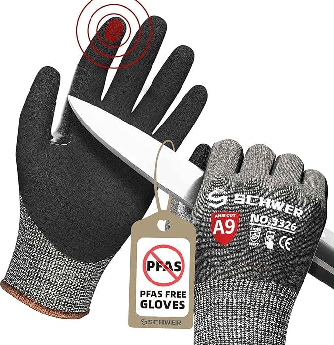 SCHWER black and grey cut-resistant gloves with ANSI A9 rating, PFAS free, shown with a sharp knife