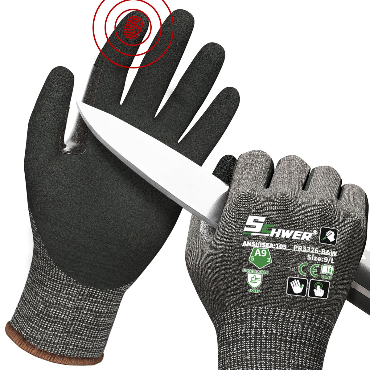 SCHWER black and grey cut-resistant gloves with ANSI A9 rating, PFAS free, shown with a sharp knife