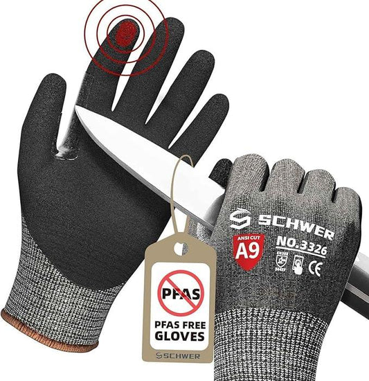 SCHWER black and grey cut-resistant gloves with ANSI A9 rating, PFAS free, shown with a sharp knife