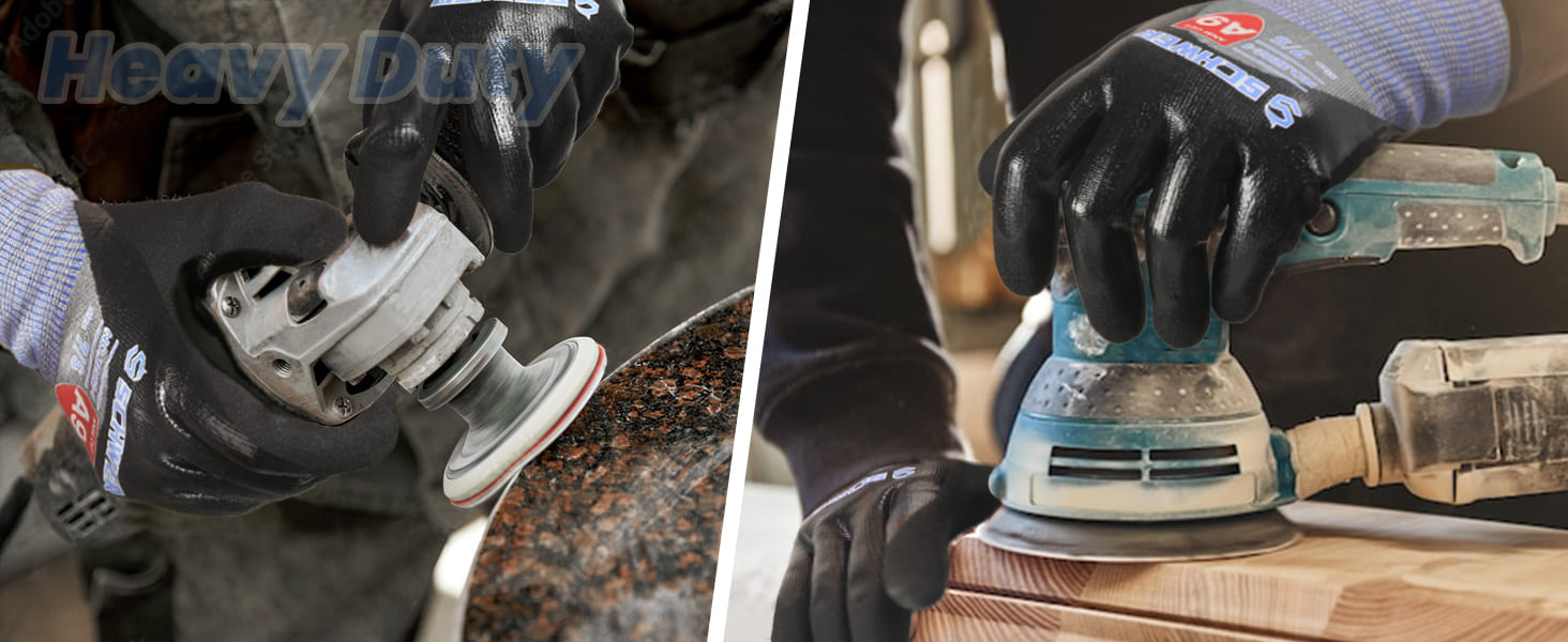 Person using a sander on a wooden surface with 'Heavy Duty' branding.